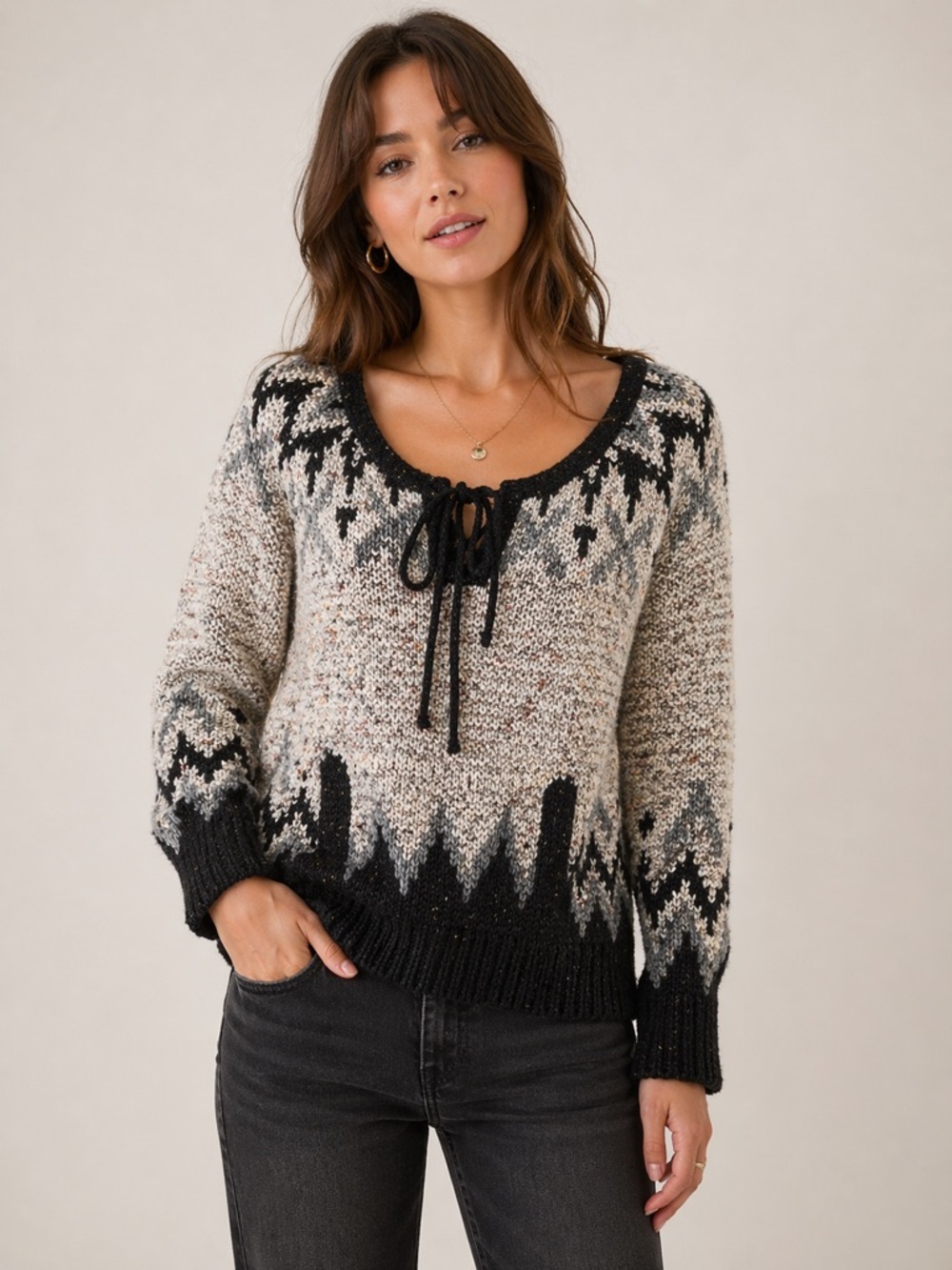 Free People Love Big Fair Isle Sweater Boho Chunky Knit Cozy Oversized - Picture 2 of 11